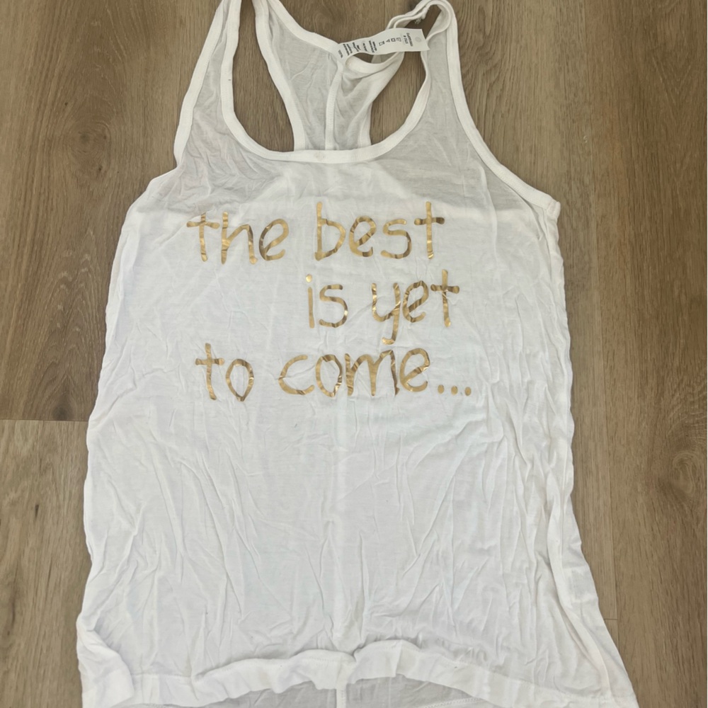 White Tank Top with Gold Text